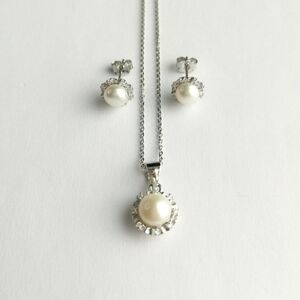 Cultured White pearls with cz sterling silver pendant necklace earrings NEW